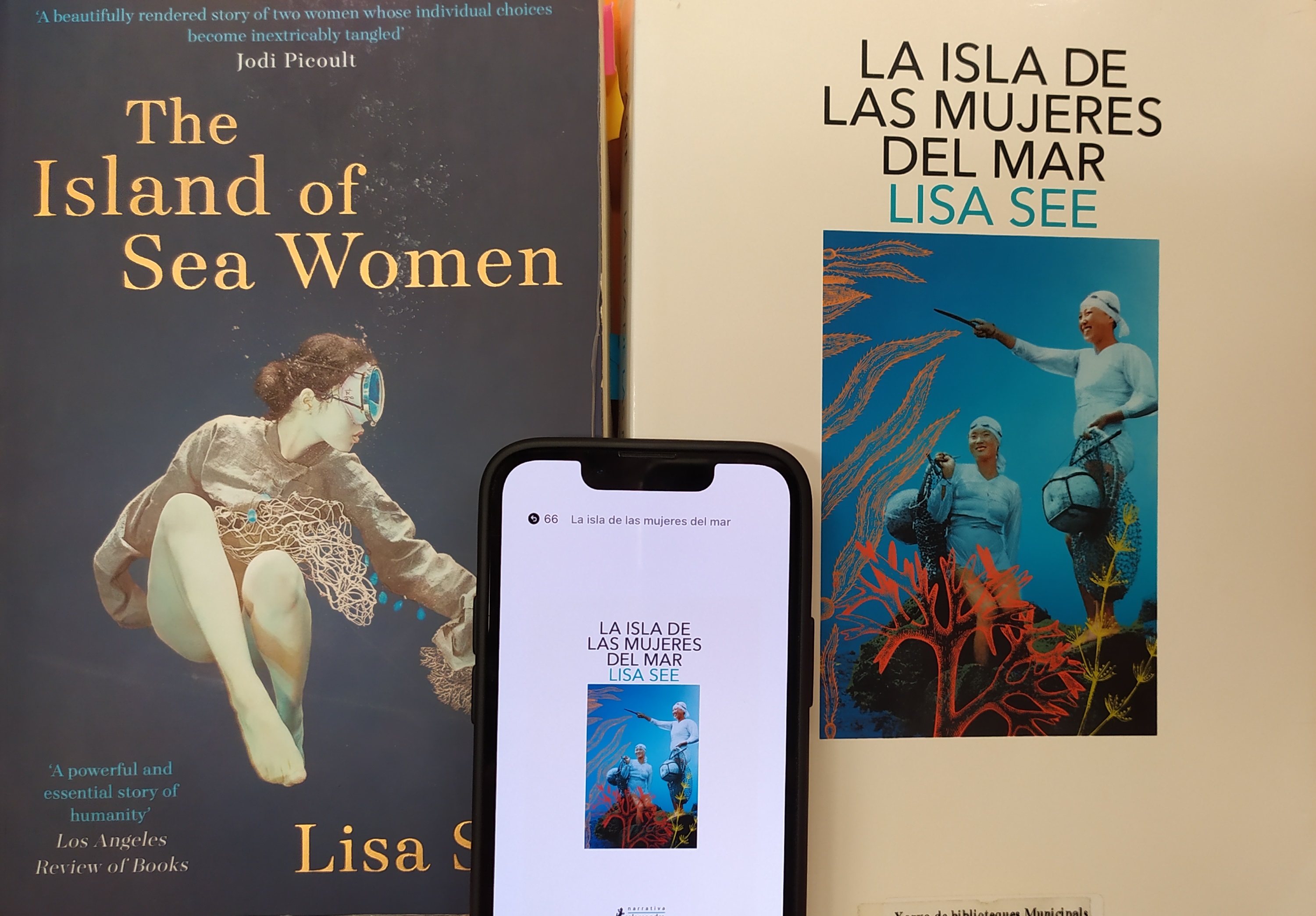 Portadas del libro la isla de las Mujeres del Mar, ediciones en inglés, castellano y epub